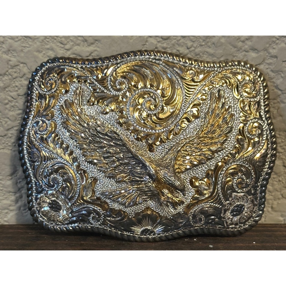 Vintage 1985 Crumrine 22K Gold on Sterling Silver Eagle Western Belt Buckle Reno